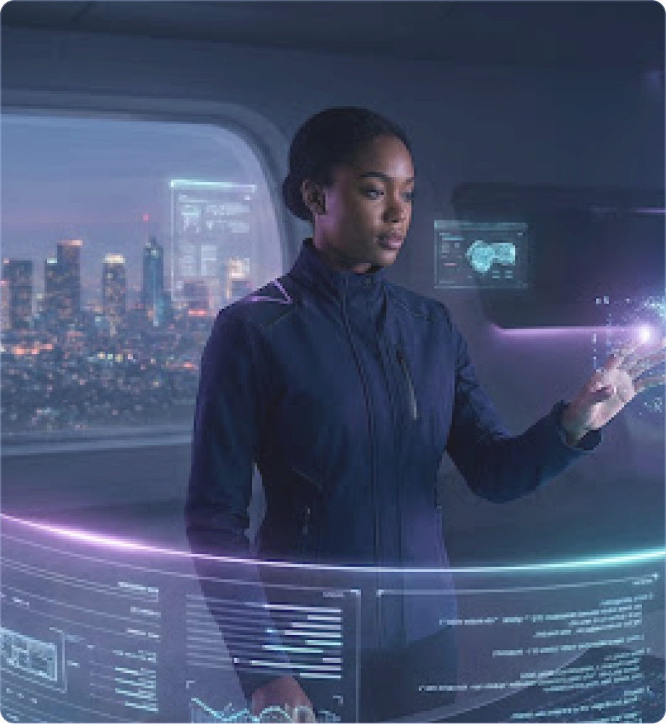 A technologist interacting with a holographic city interface