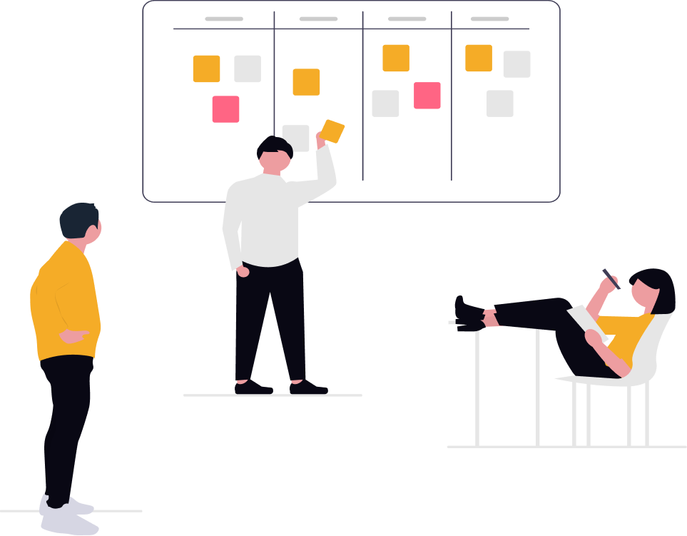 Three teammates collaborating around a kanban board